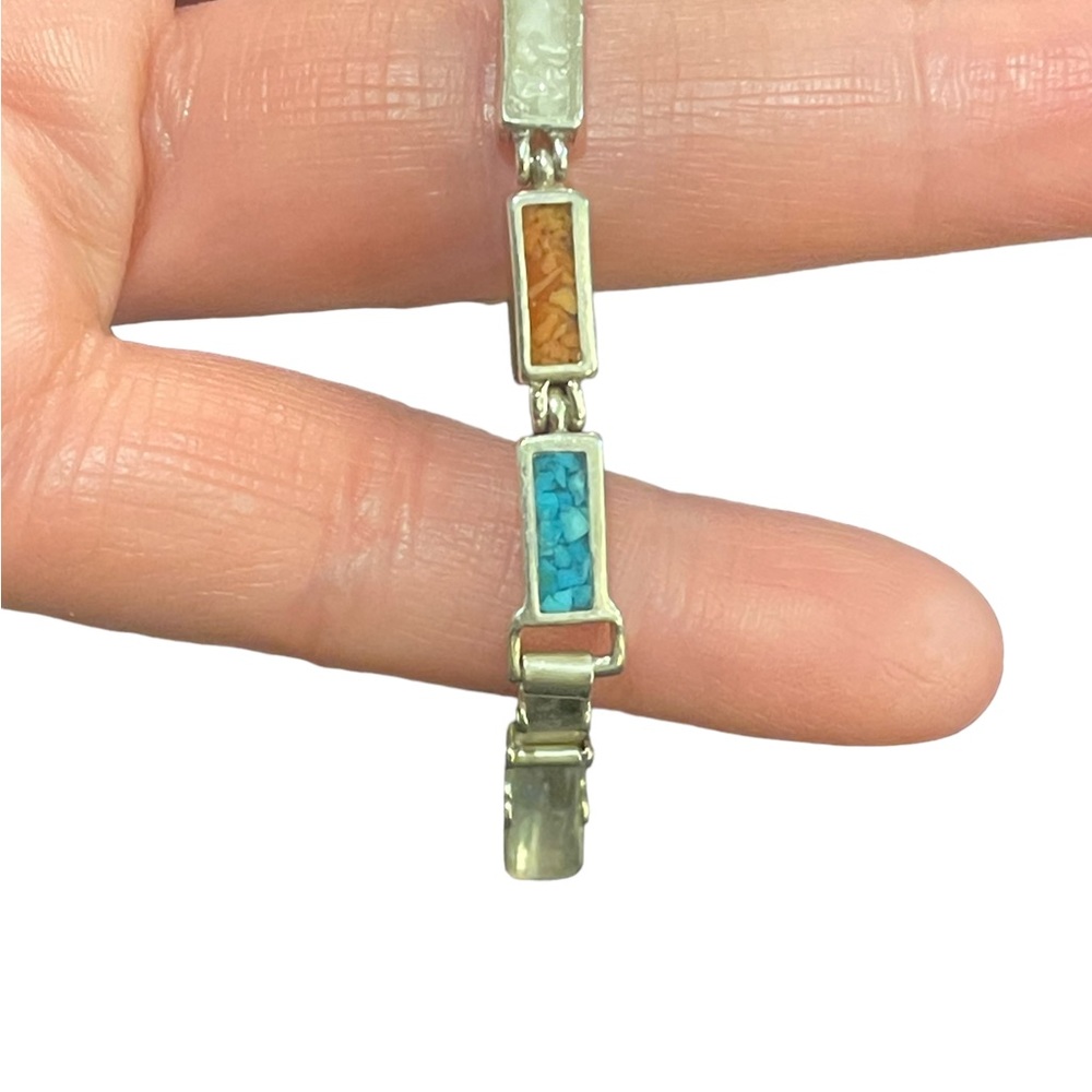 Vintage sterling silver 925  multi color crushed stone link bracelet Hallmarked - Picture 7 of 12